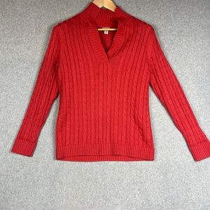 L.L. Bean Women M Cotton V-Mock Neck Long Sleeve Cable Knit Pullover Swea…